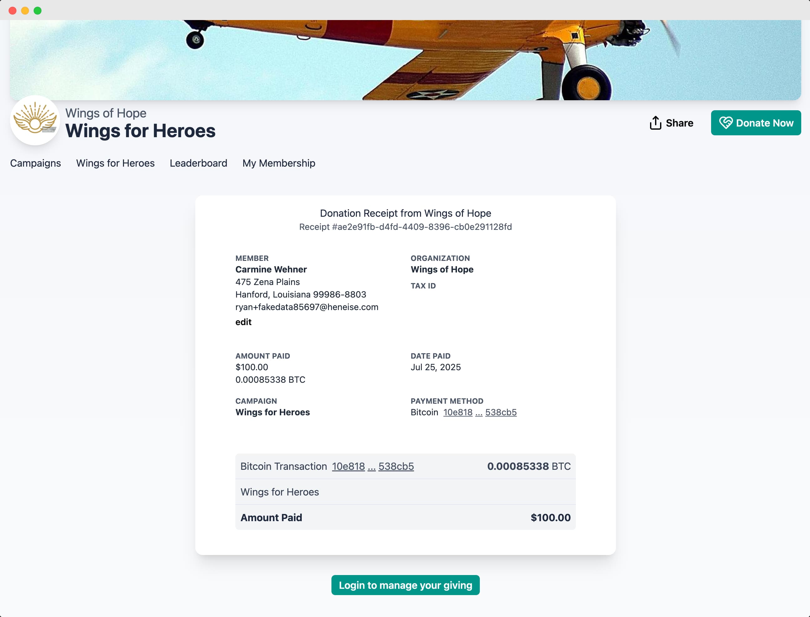 MemberDrive Bitcoin payment receipt