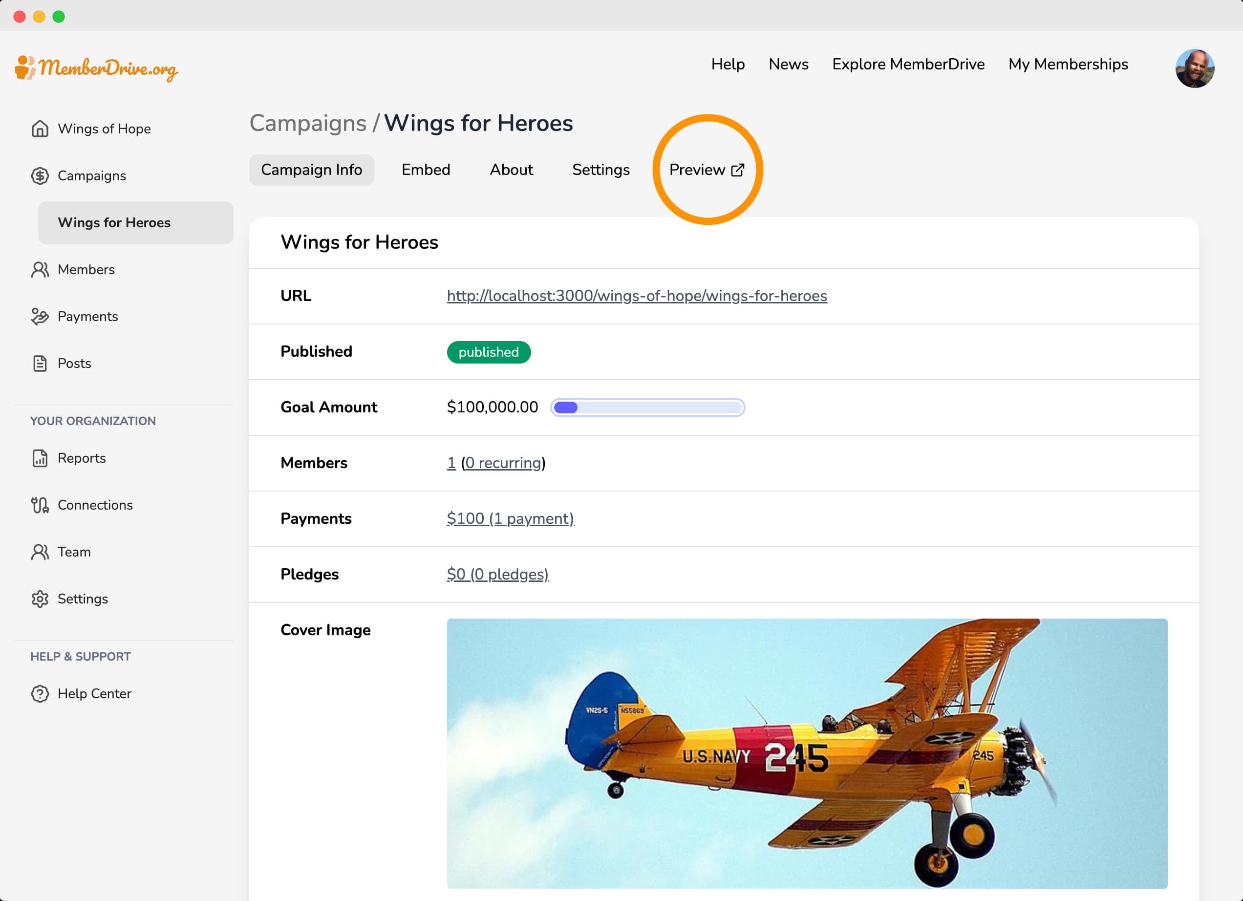 MemberDrive campaign preview page