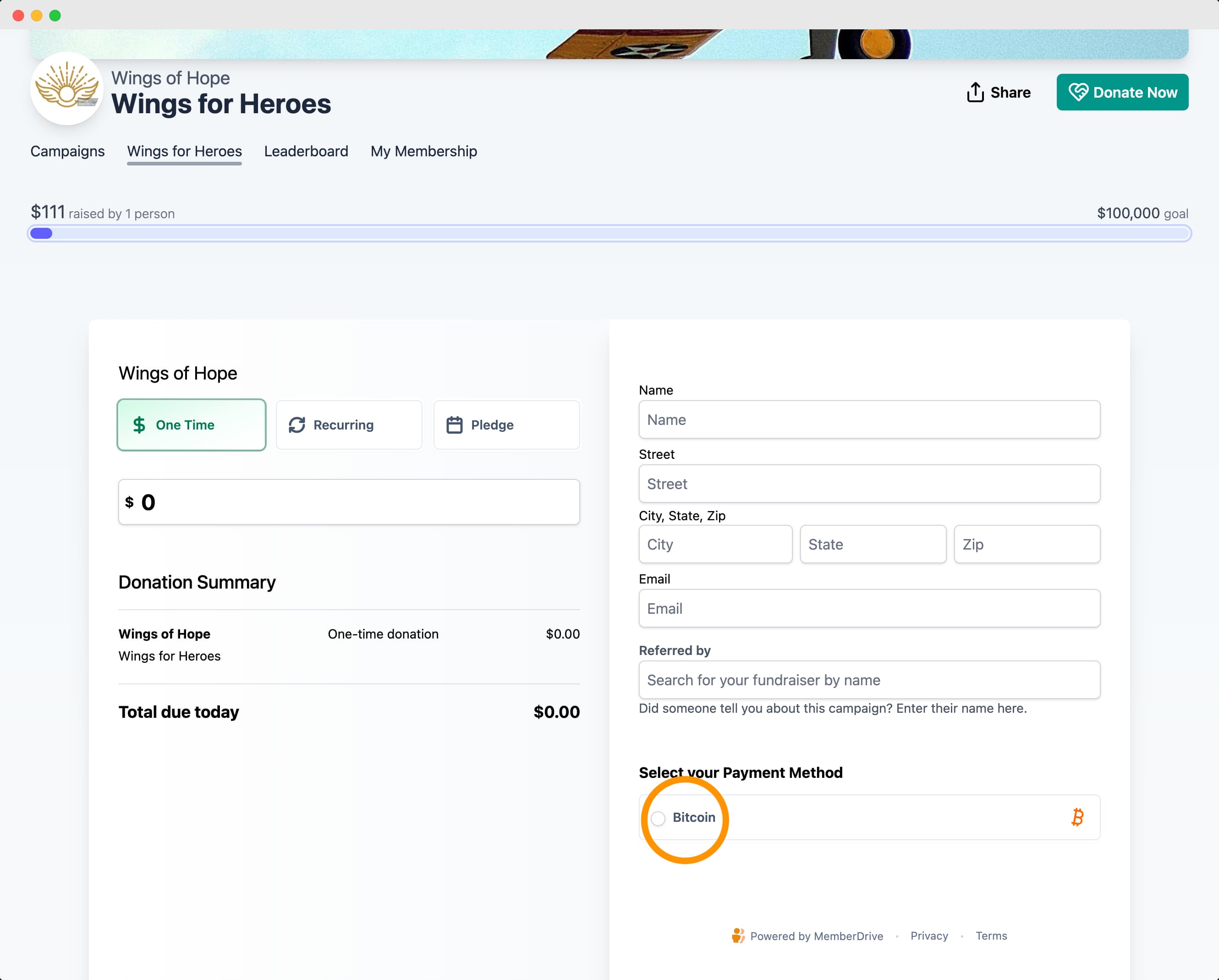 MemberDrive donation page with Bitcoin payment option