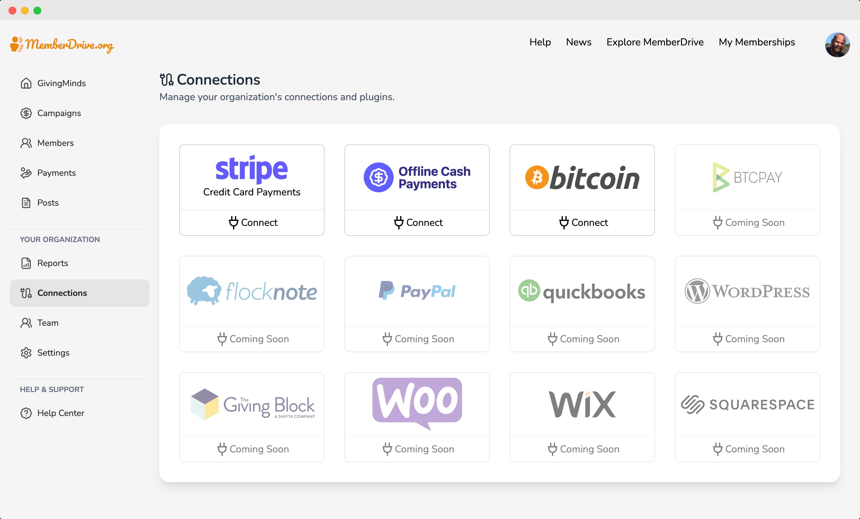 MemberDrive dashboard connections page showing Bitcoin icon