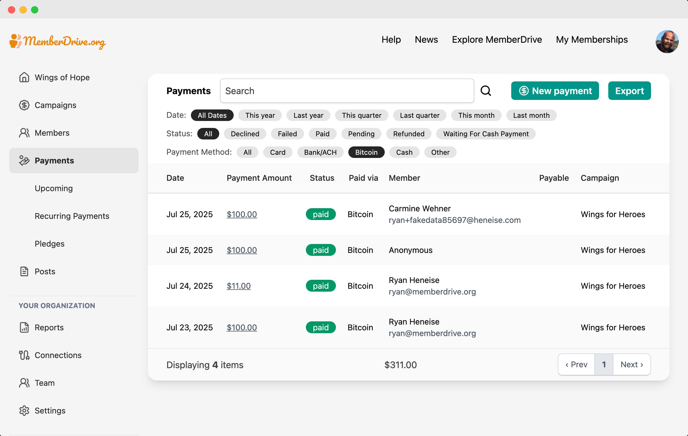 MemberDrive dashboard payments page with Bitcoin filter