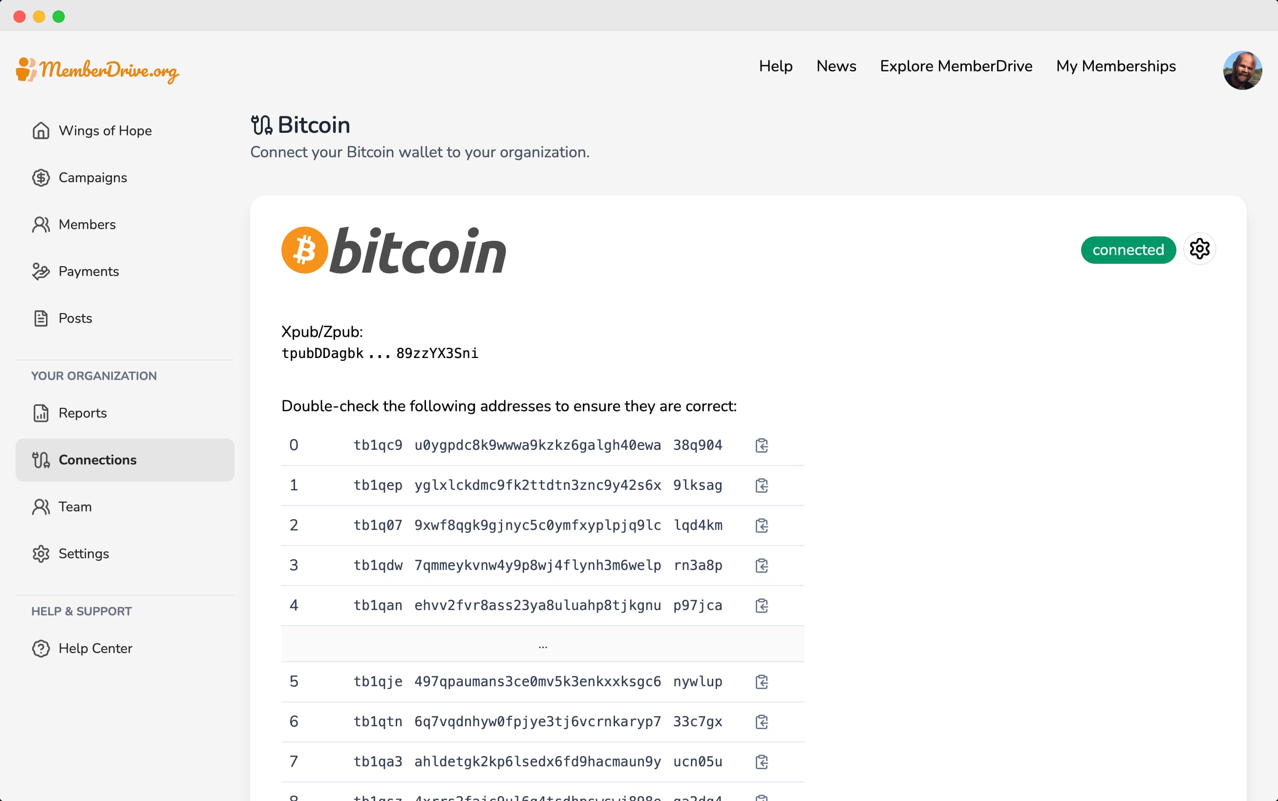 Bitcoin connection showing receive addresses