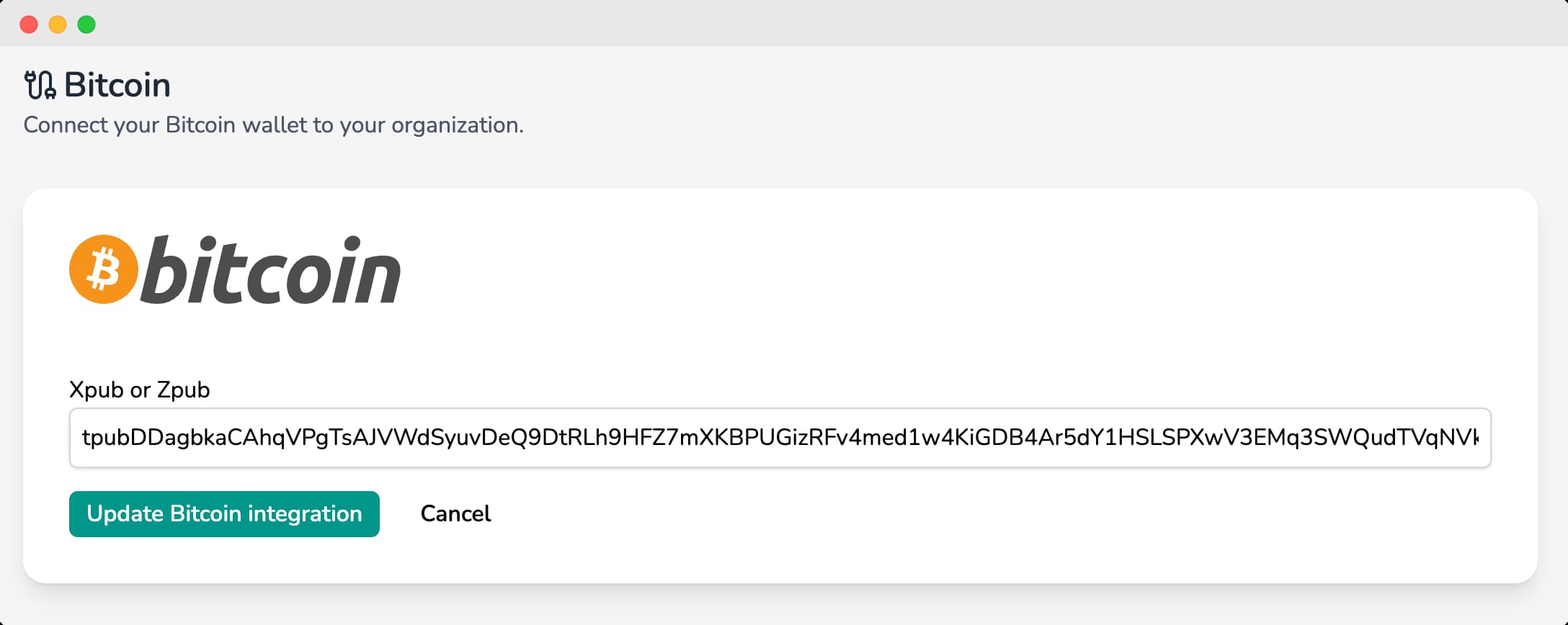 Bitcoin connection setup form with Xpub/Zpub field