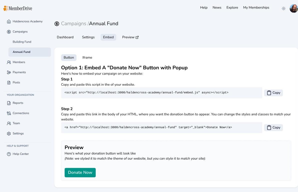 Embed page, Button tab
