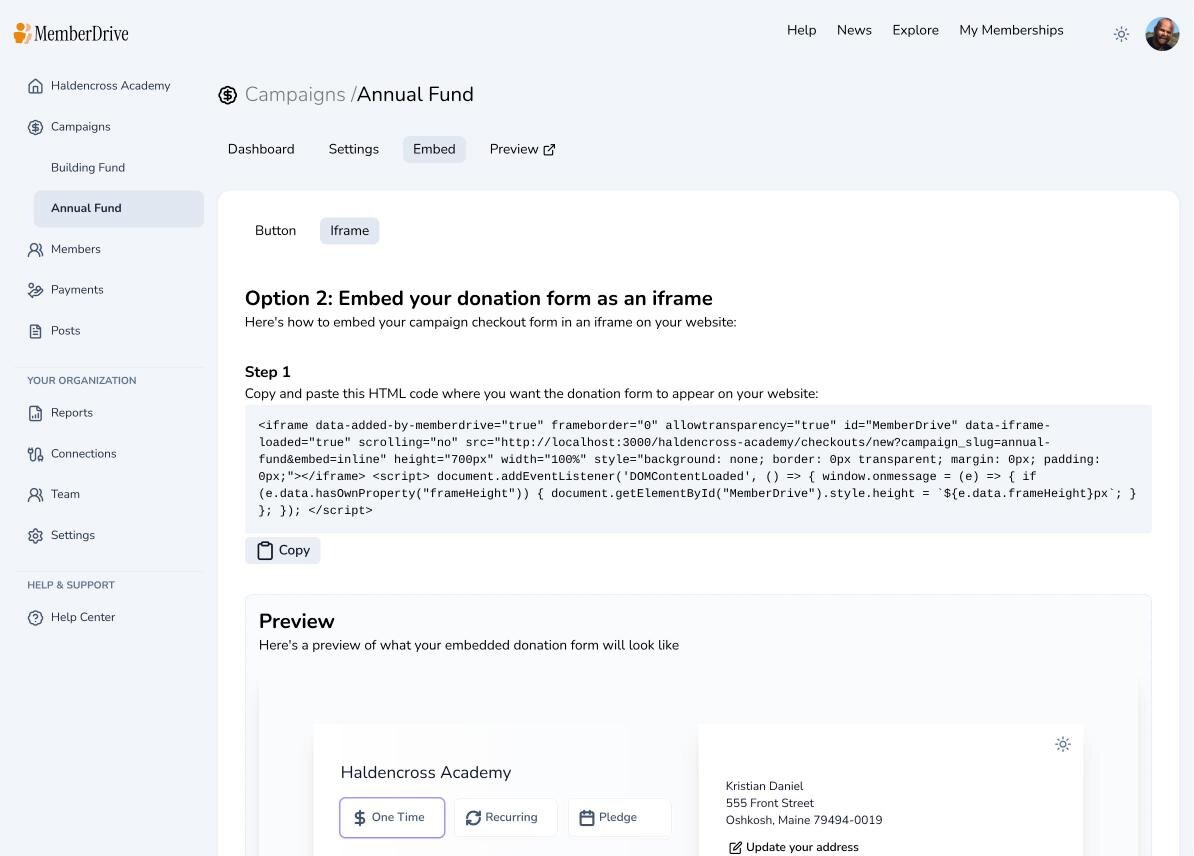 Embed page, Iframe tab