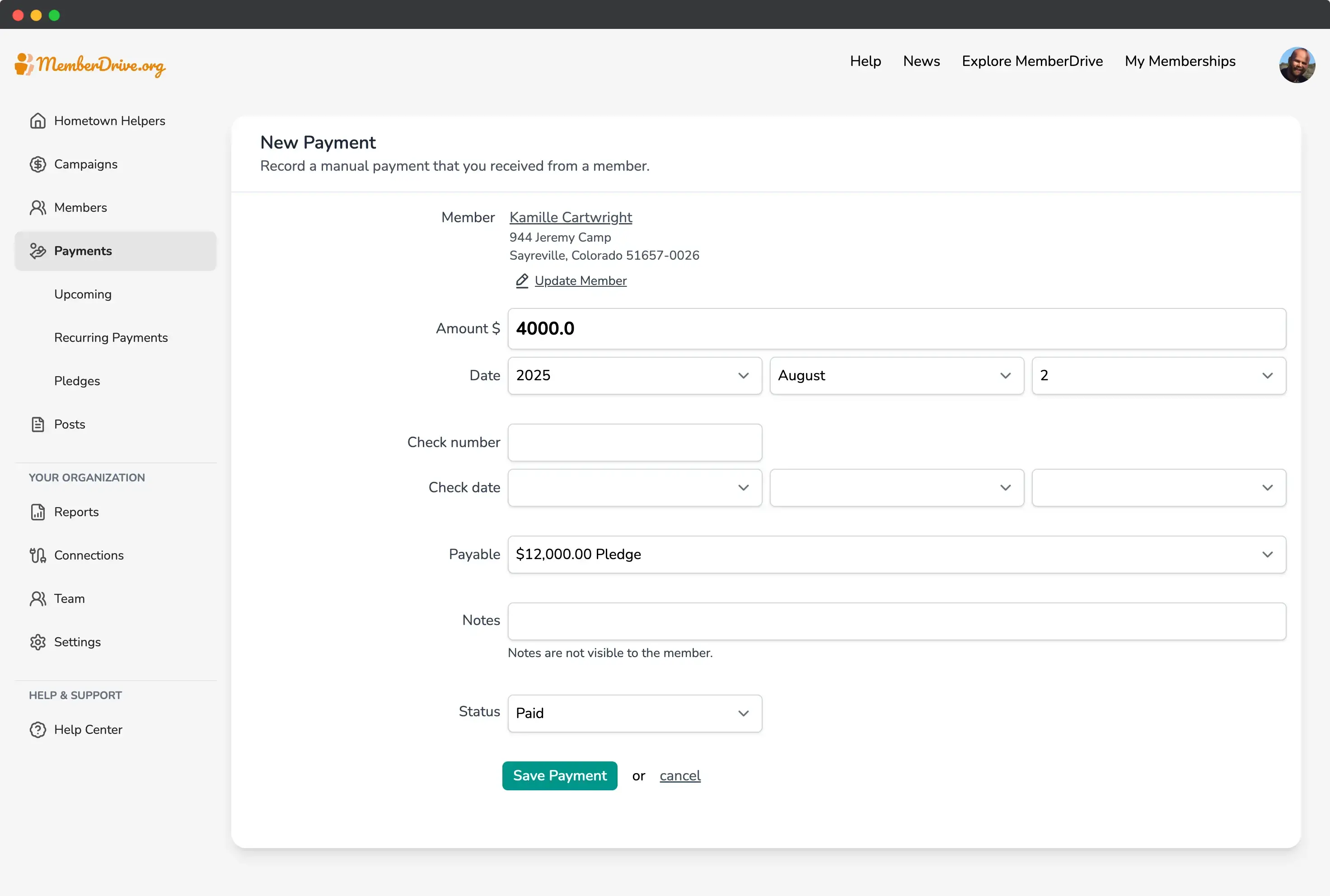 MemberDrive pledge payment form