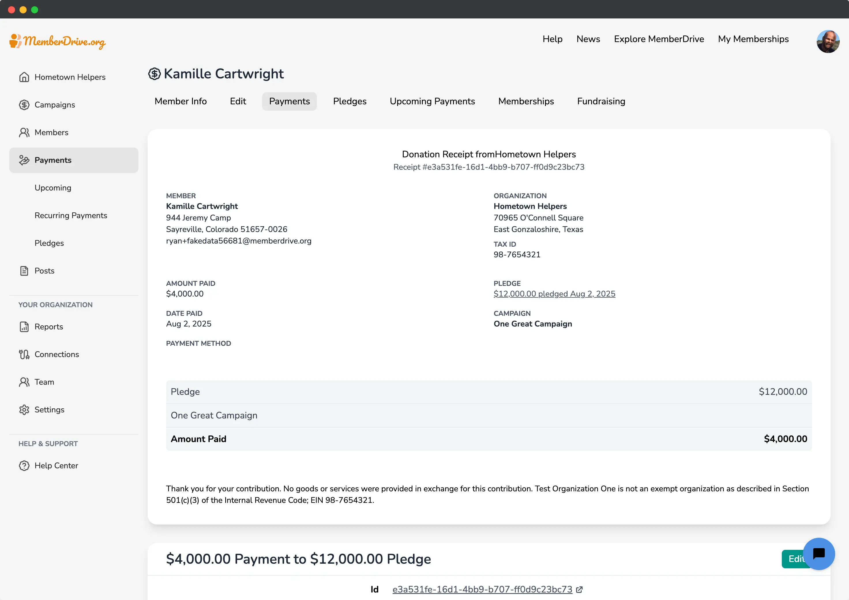 MemberDrive pledge payment receipt