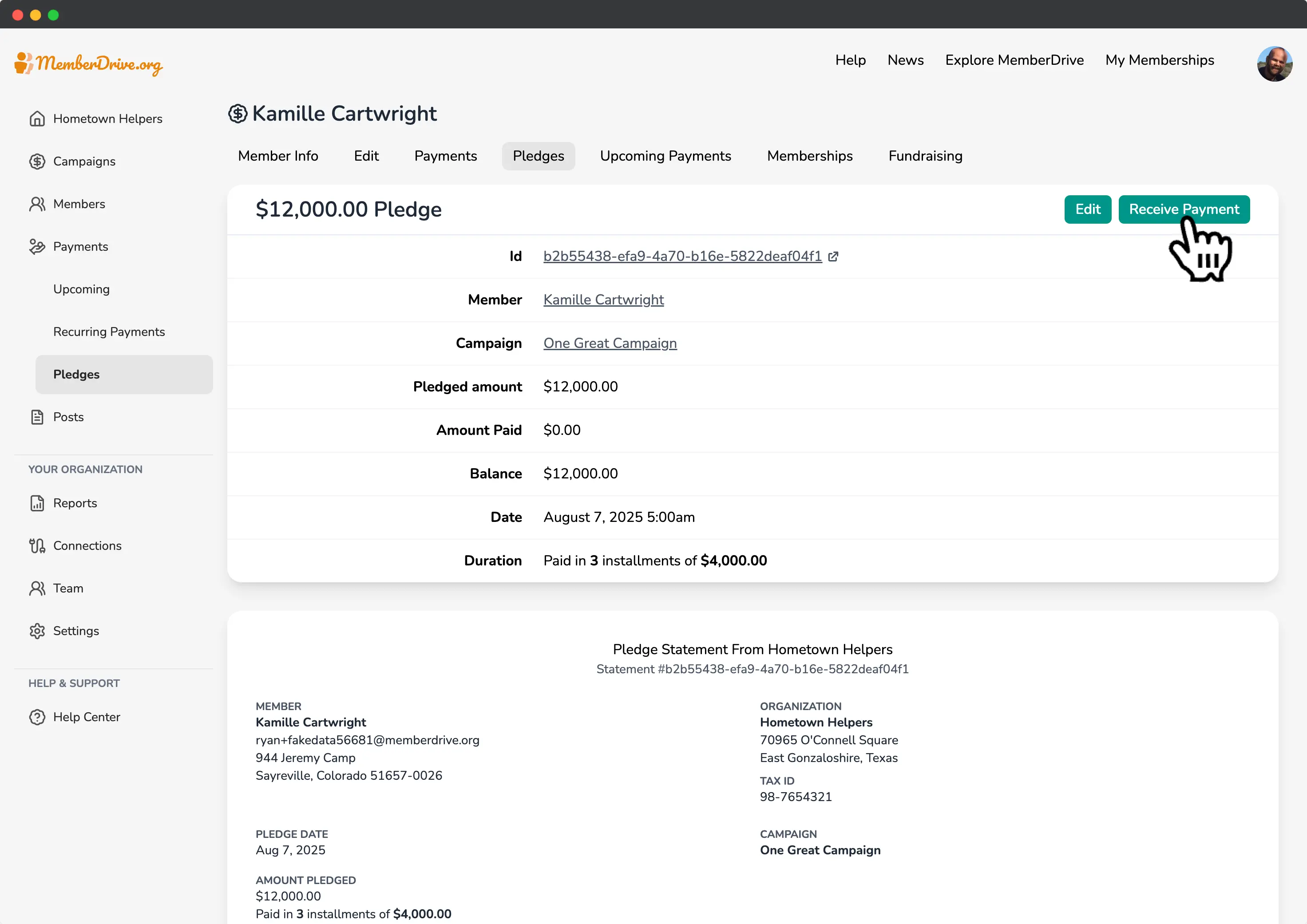 MemberDrive receive pledge payment