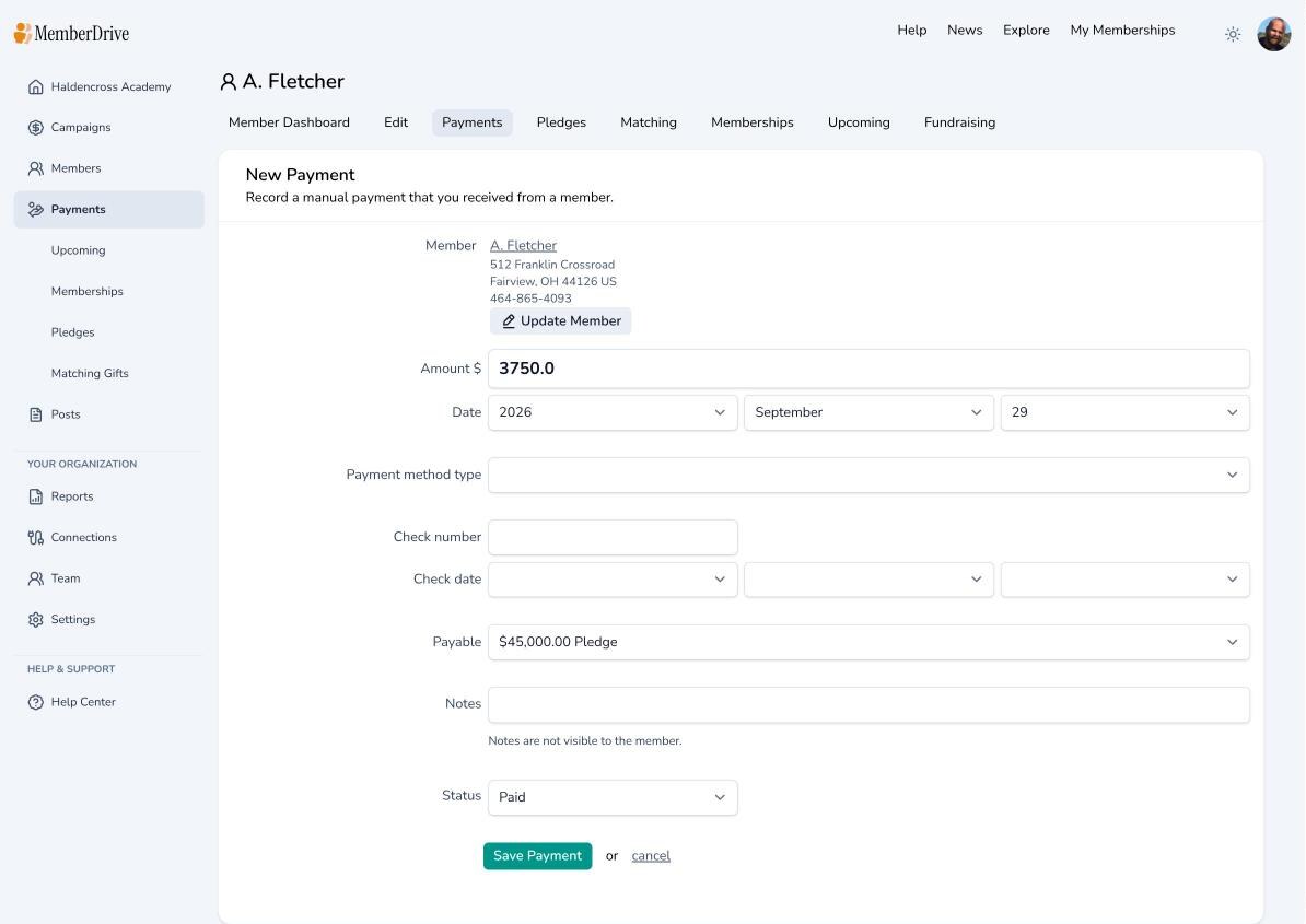 Receive Payment form for a pledge