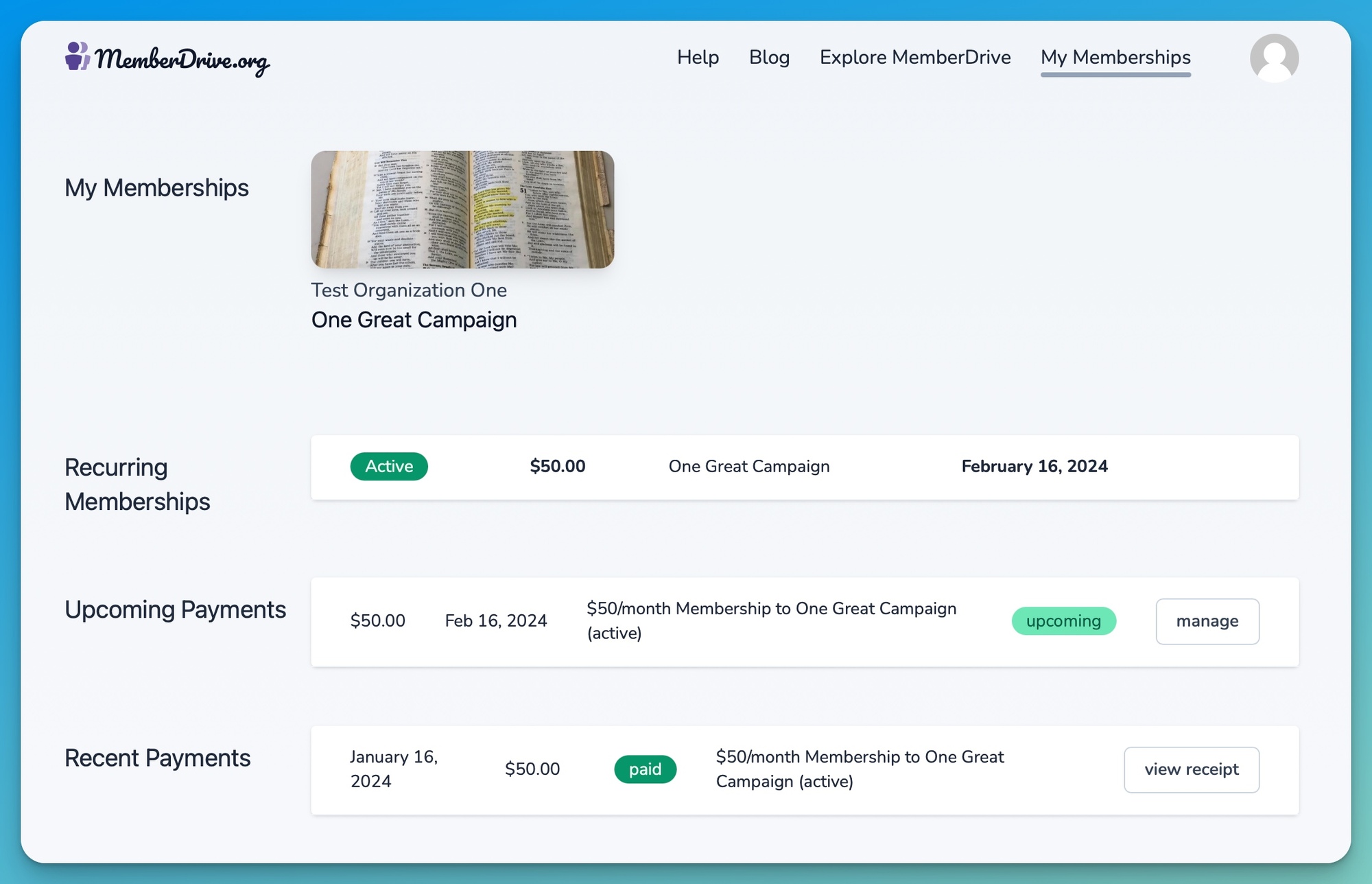 Your "My Memberships" page in MemberDrive