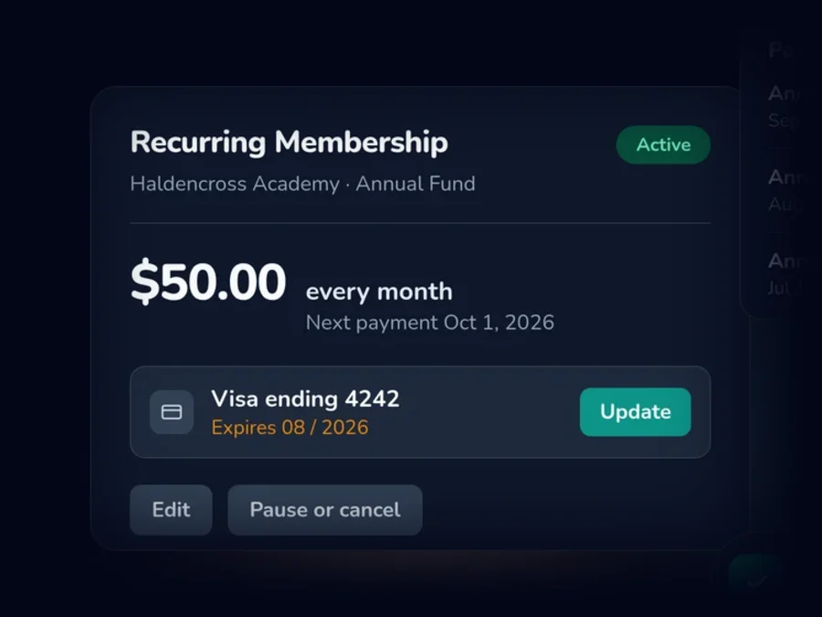 A donor portal showing a $50.00 monthly membership, the card on file with an Update button, and payment history