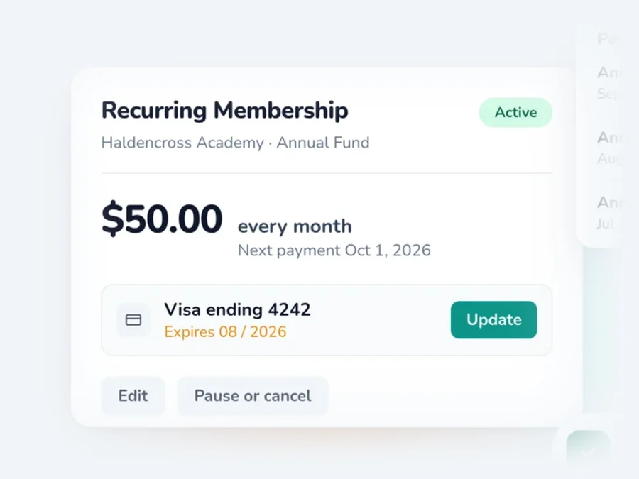 A donor portal showing a $50.00 monthly membership, the card on file with an Update button, and payment history