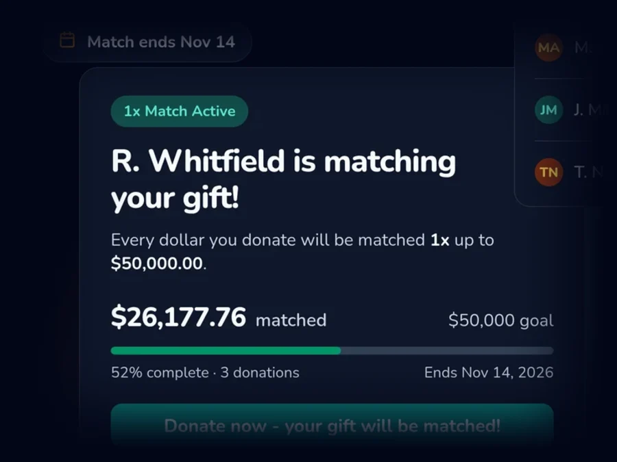 A matching gift page showing $26,177.76 matched toward a $50,000 goal, recent donations, and a $1,000 gift doubled to $2,000