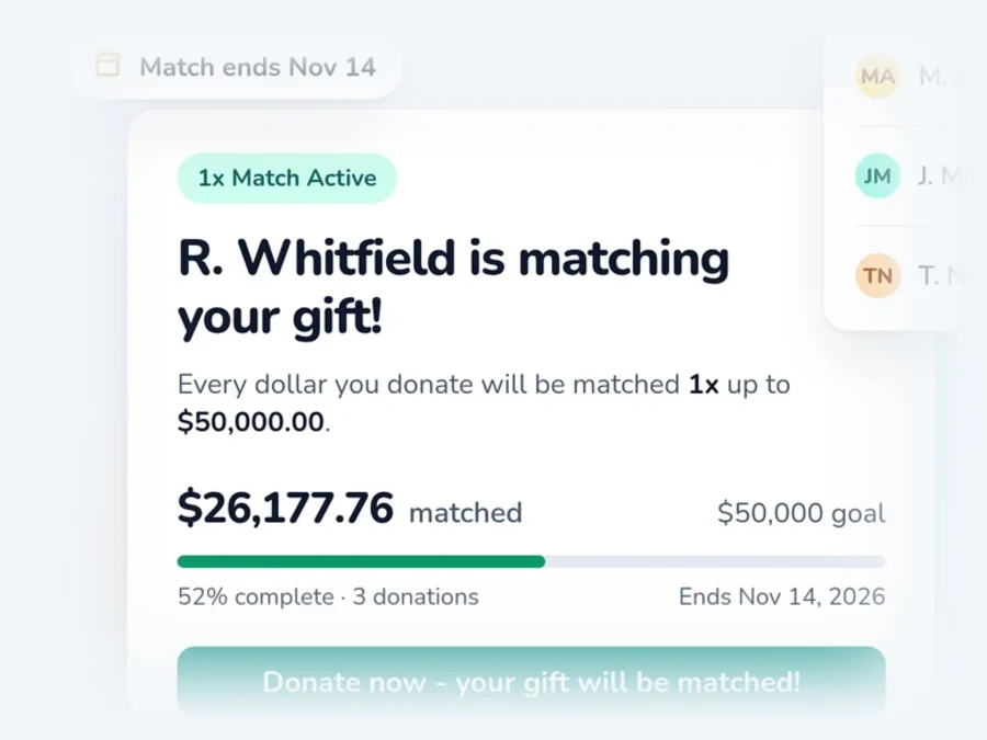 A matching gift page showing $26,177.76 matched toward a $50,000 goal, recent donations, and a $1,000 gift doubled to $2,000